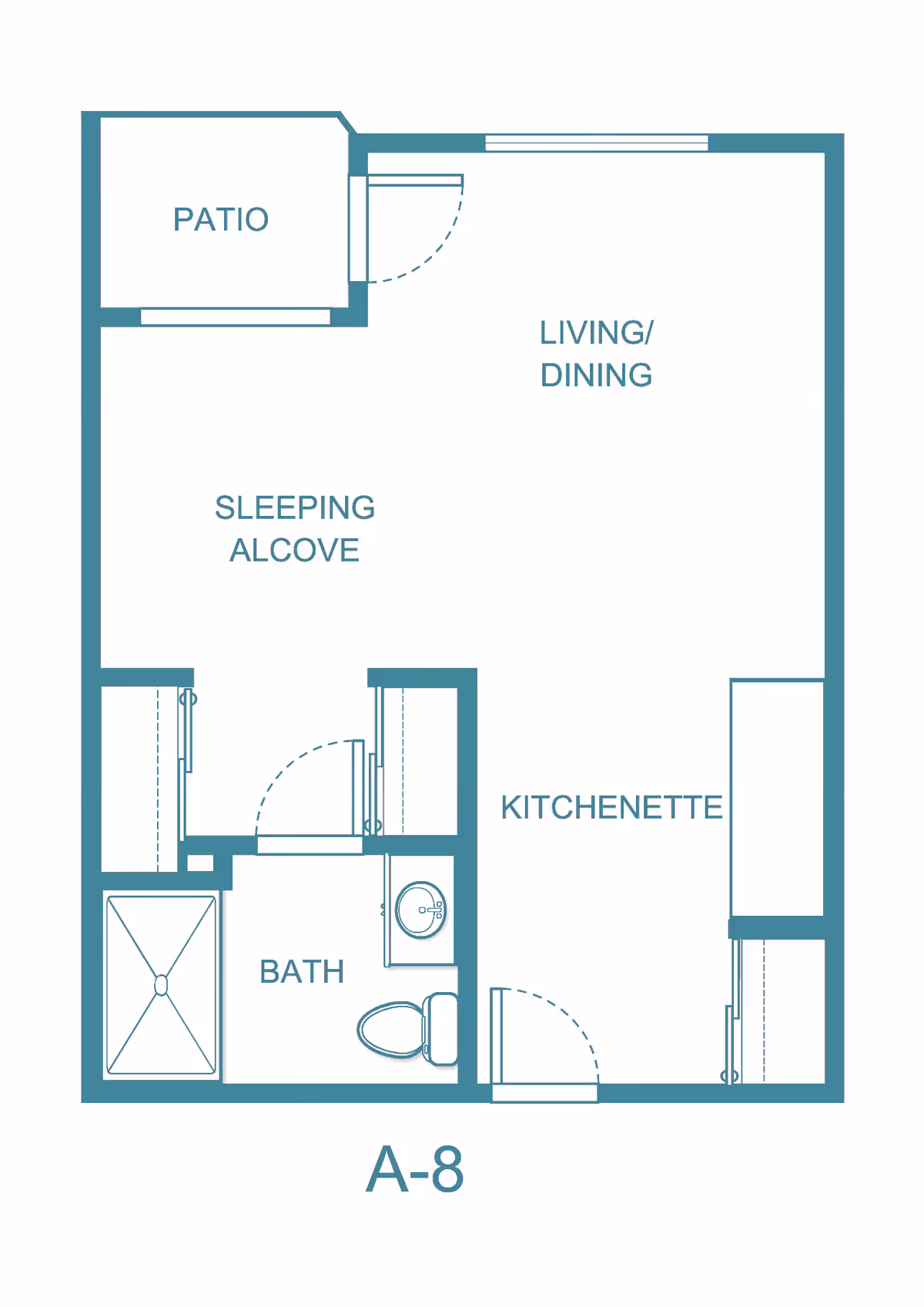 Floor plan labeled A-8 showing a layout with a patio, living/dining area, sleeping alcove, kitchenette, and a bathroom with a shower, toilet, and sink.