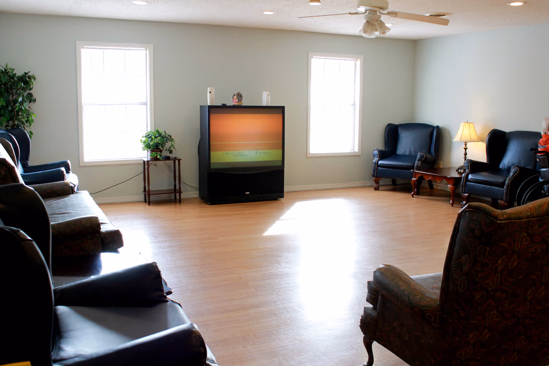 A spacious living room with wooden flooring, two large windows letting in natural light, a large old-style television on a stand, several armchairs and sofas arranged around the room, a small table with a lamp, and a potted plant on a small stand near one window.