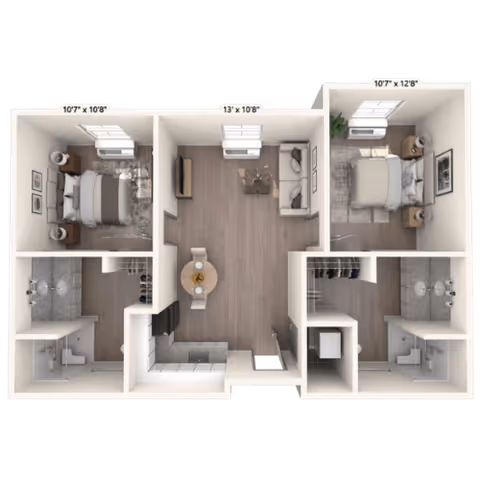 Top-down 3D floor plan of a two-bedroom apartment with a central living/dining area, kitchen, and two bathrooms.