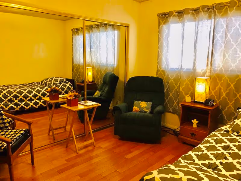 A cozy bedroom with wooden flooring, featuring a single bed with a patterned bedspread, a green cushioned armchair with a floral pillow, a wooden nightstand with a lamp and a small decorative item, a wooden chair with a patterned cushion, and a small wooden table with two potted plants. The room has a window with patterned curtains and a large mirrored closet door reflecting the furniture.