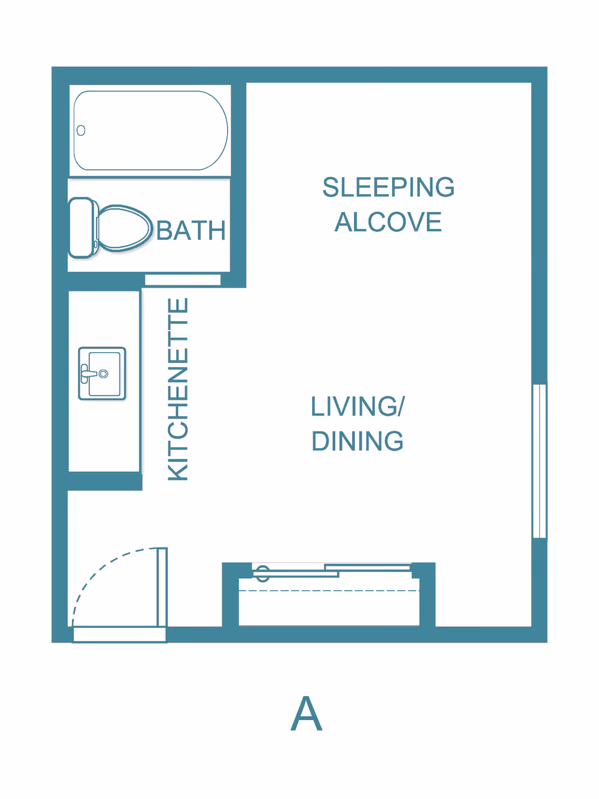 Floor plan layout of a senior living unit labeled 'A' showing a bath with a bathtub and toilet, a kitchenette with a sink, a sleeping alcove, and a combined living/dining area.