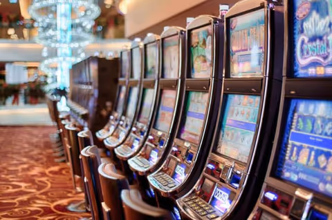 A row of upright slot machines with stools in a carpeted indoor gaming area.