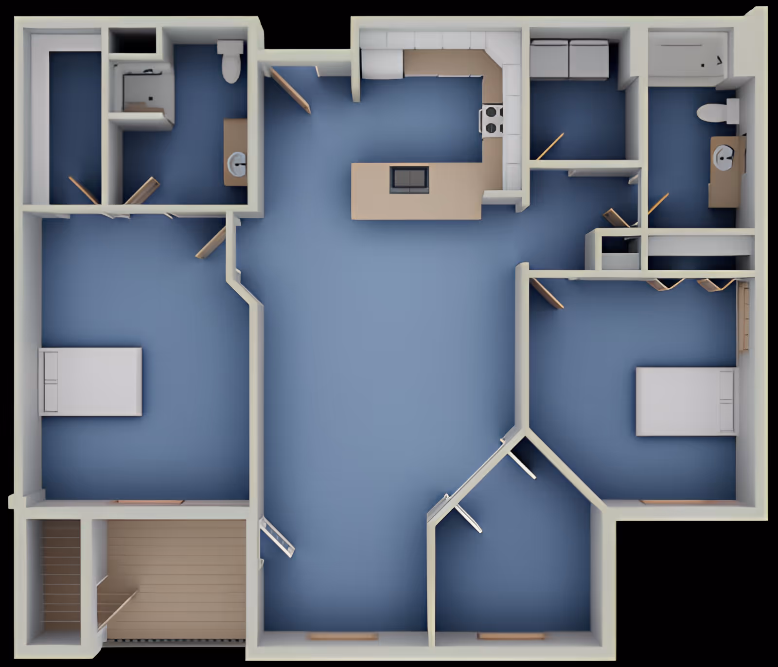 3D floor plan of an apartment featuring two bedrooms, two bathrooms, a kitchen with an island, and a large central living area with blue flooring.