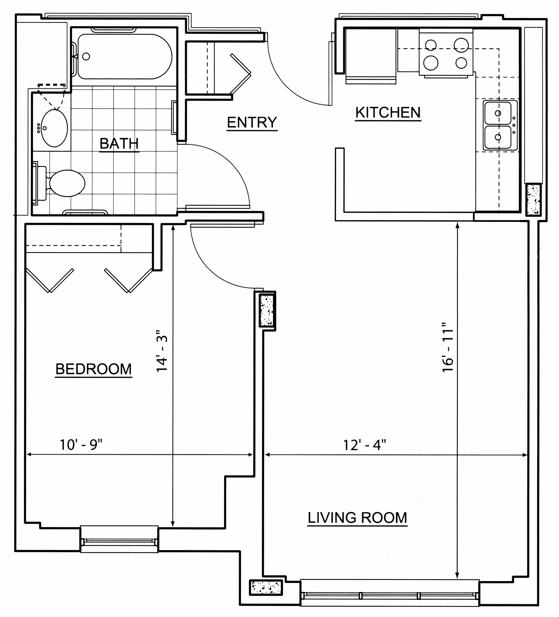 Architectural floor plan of a one-bedroom apartment at Plum Creek Chicago, showing labeled areas including a bedroom, bath, entry, kitchen, and living room with dimensions.