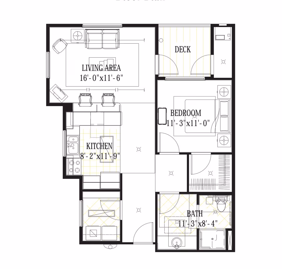 Architectural floor plan of a one-bedroom apartment at Broadway Court Estates, showing a living area, kitchen, bedroom, bathroom, and a deck. The living area measures 16 feet by 11 feet 6 inches, the kitchen is 8 feet 2 inches by 11 feet 9 inches, the bedroom is 11 feet 3 inches by 11 feet, and the bathroom is 11 feet 3 inches by 8 feet 4 inches.