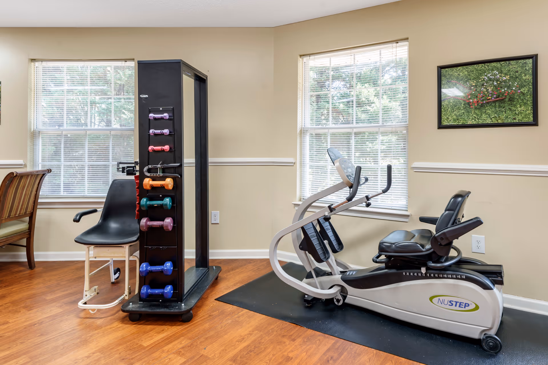 A small exercise room with a recumbent exercise bike, a rack holding various colored dumbbells, a black chair, and two large windows with blinds letting in natural light. There is a framed picture of flowers on the beige wall.