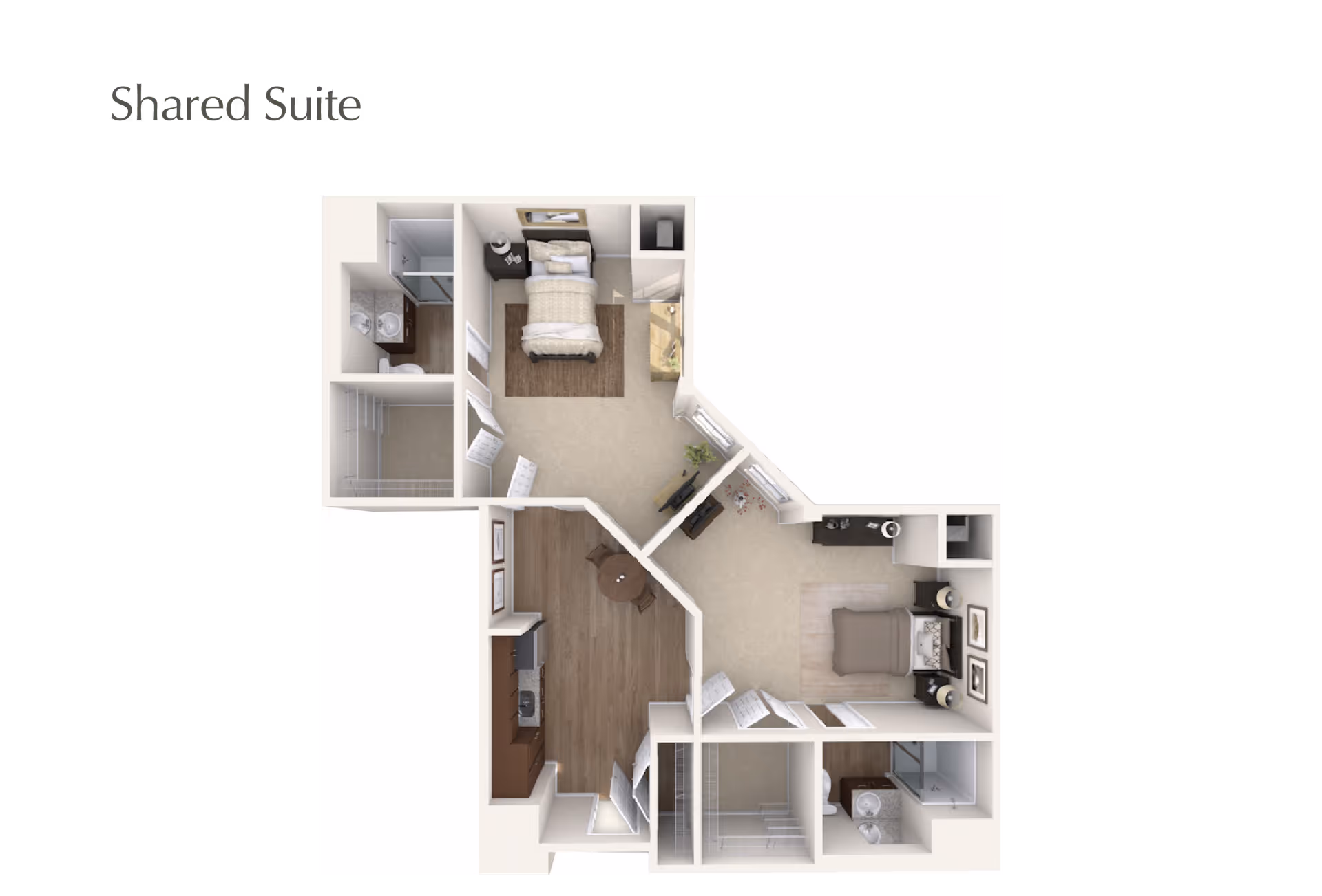 3D floor plan of a shared suite featuring two bedrooms, two bathrooms, a kitchen with dining area, and a shared living space with a TV and seating.