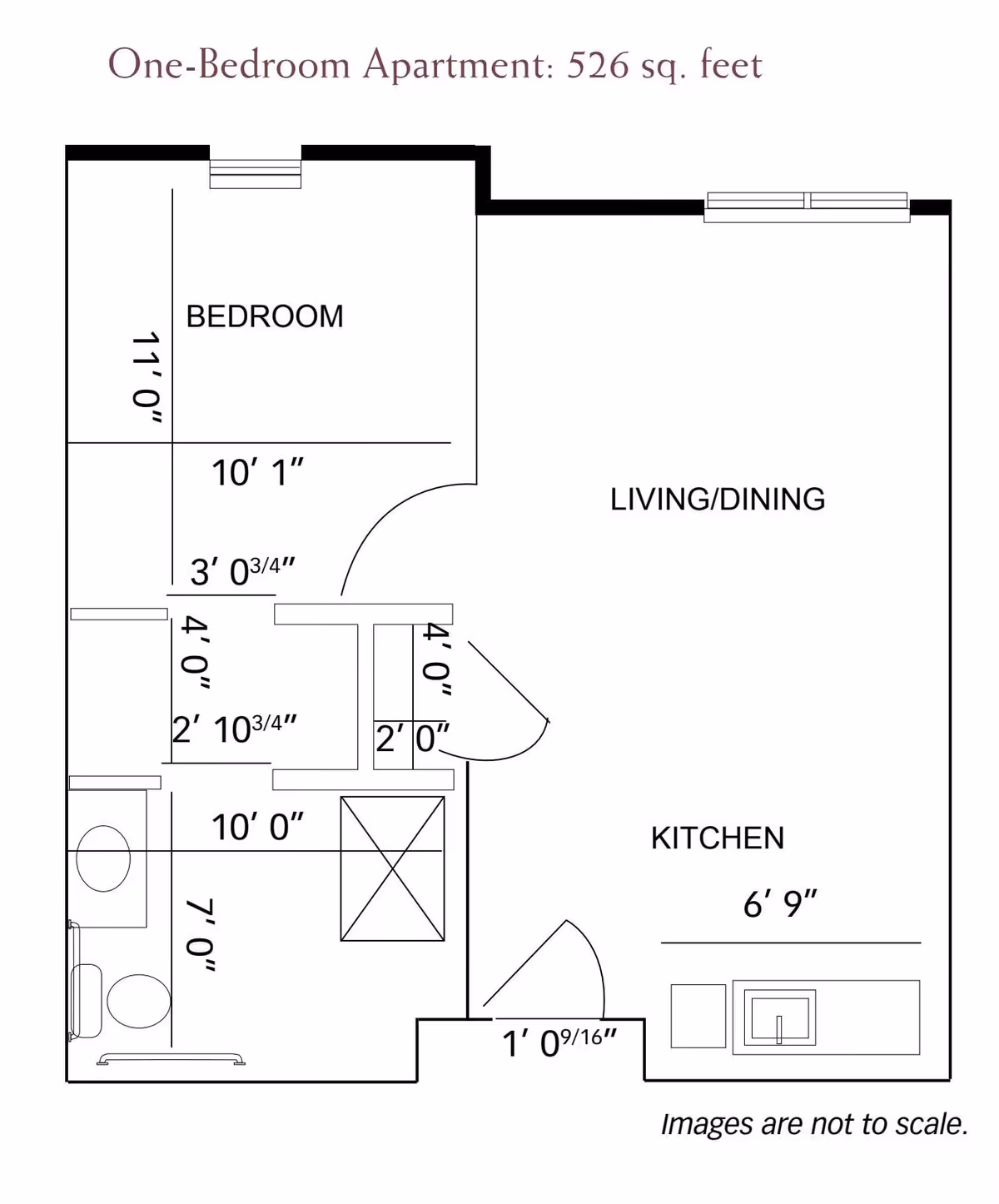 Floor plan of a one-bedroom apartment measuring 526 square feet, showing a bedroom, living/dining area, kitchen, and bathroom with dimensions for each area.