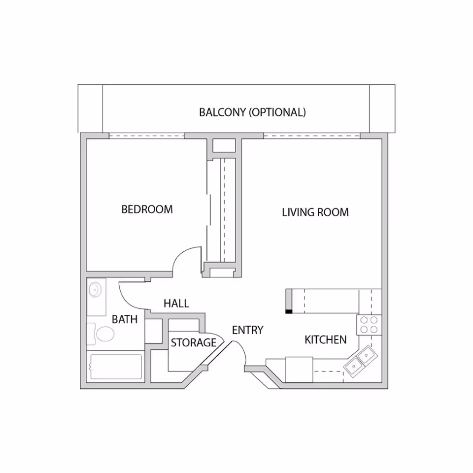 Black-and-white floor plan of an apartment showing a bedroom, living room, kitchen, bath, hall, storage, entry, and optional balcony.