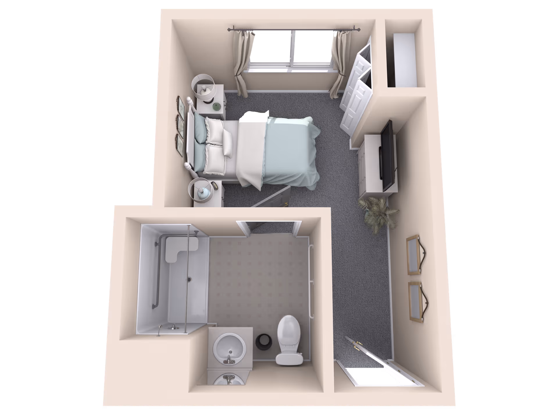3D floor plan of a small senior living unit at Blossom Creek by Cogir showing a bedroom with a bed, two nightstands with lamps, a window with curtains, a closet, a TV on a stand, and a bathroom with a shower, toilet, and sink.