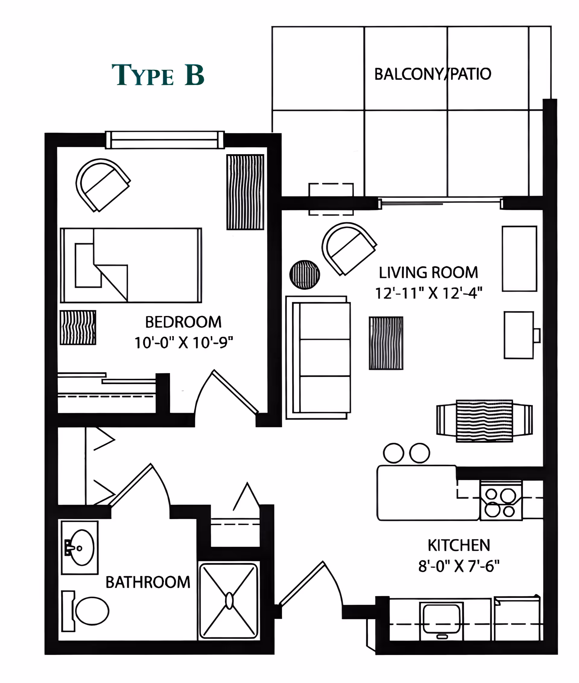Floor plan labeled Type B showing a one-bedroom apartment with a bedroom, bathroom, kitchen, living room, and balcony/patio. The bedroom measures 10 feet by 10 feet 9 inches, the living room is 12 feet 11 inches by 12 feet 4 inches, and the kitchen is 8 feet by 7 feet 6 inches. The layout includes furniture such as a bed, chairs, sofa, dining table, and kitchen appliances.