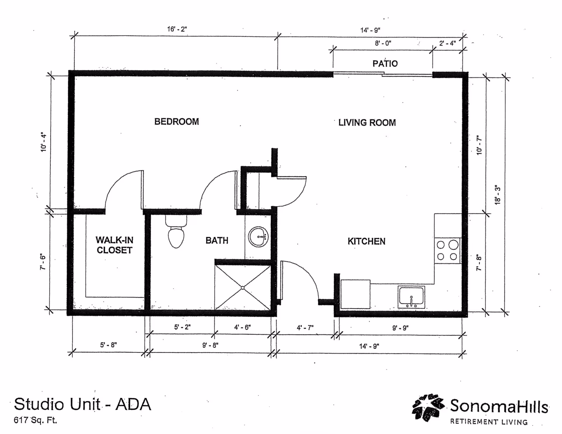 Architectural floor plan of a studio unit at Sonoma Hills Retirement Living Community showing a bedroom with walk-in closet, bathroom, kitchen, living room, and patio with dimensions.