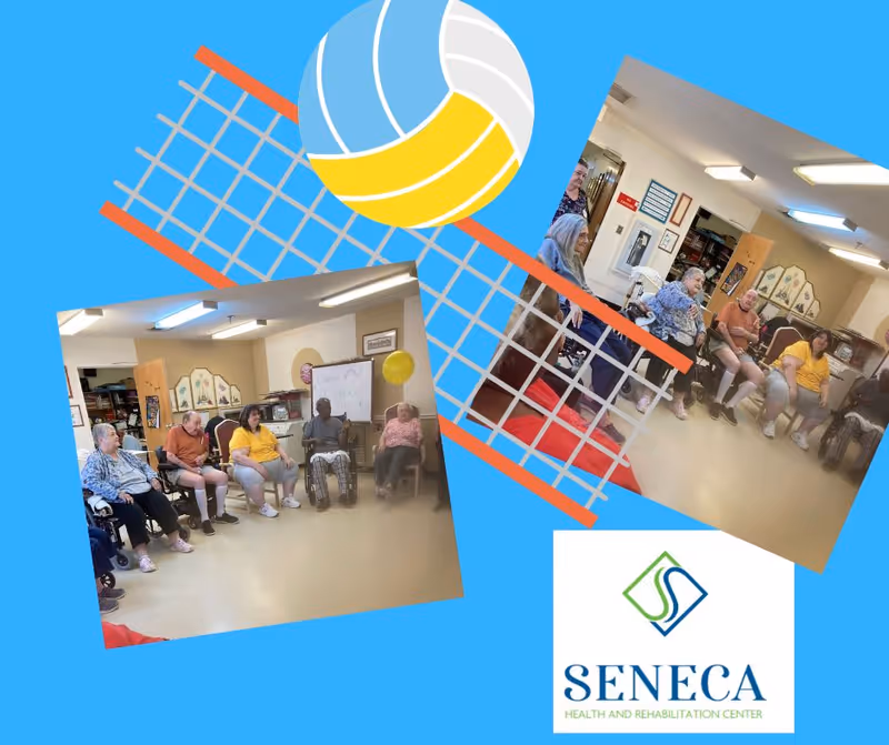 Two photos of elderly individuals seated in a circle in a common room at Seneca Health and Rehabilitation Center. The room has beige walls, fluorescent lighting, and various decorations including a whiteboard and a yellow balloon. The images are set against a blue background with a volleyball and net graphic, along with the Seneca Health and Rehabilitation Center logo.