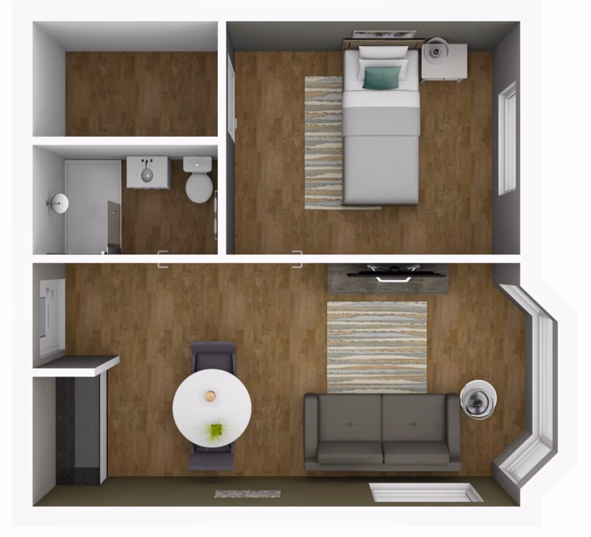 Top-down floor plan of a small apartment unit featuring a bedroom with a single bed and nightstand, a bathroom with a shower, sink, and toilet, and a living area with a sofa, TV, round dining table with two chairs, and a floor lamp near a bay window.