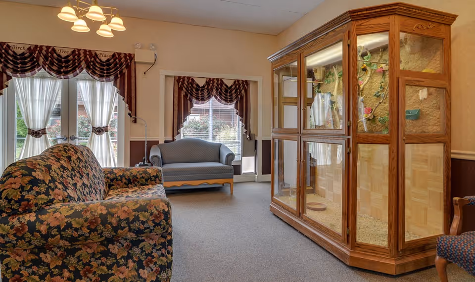 A cozy living room area with floral and solid-colored sofas, large windows with plaid valances and sheer curtains, and a large wooden display case with glass panels containing decorative items and plants.