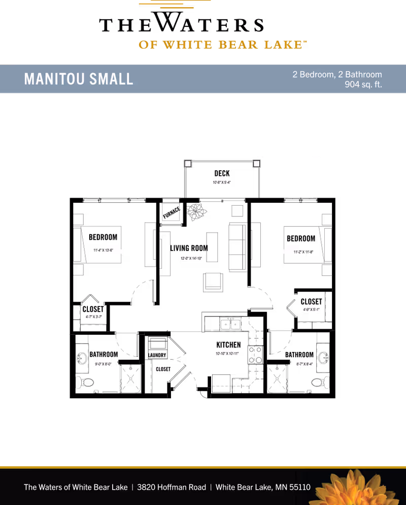 Floor plan graphic titled "Manitou Small" showing a 2-bedroom, 2-bathroom 904 sq. ft. apartment layout for White Bear Lake.