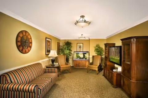 Common living room with a striped sofa, two armchairs, a TV cabinet, fish tank, plants and a wall clock.