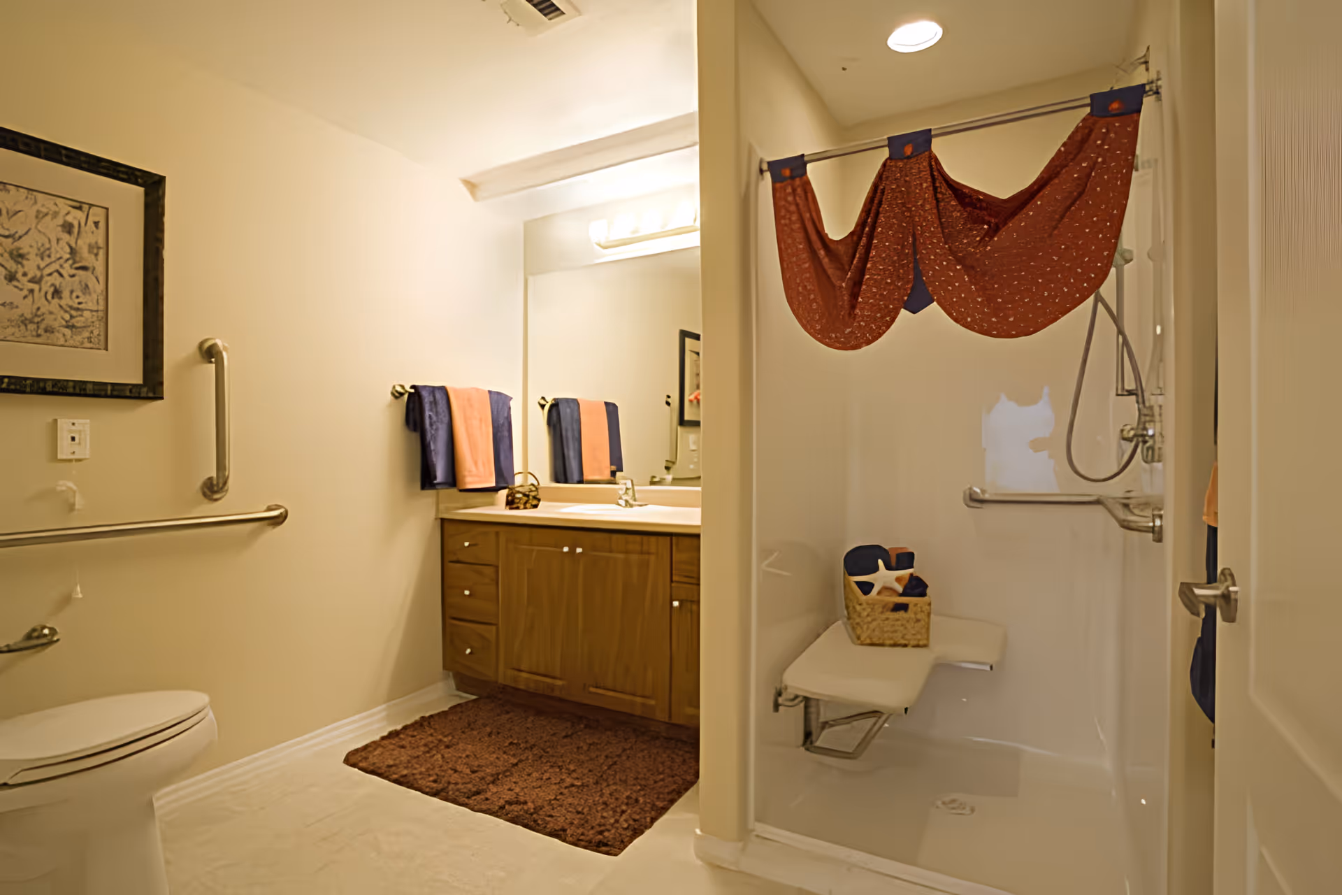 Well-lit accessible bathroom with a toilet, wooden vanity and mirror, and a walk-in shower with a fold-down seat and grab bars.