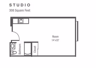 Floor plan of a studio apartment with 308 square feet, showing a main room measuring 14 by 22 feet, a bathroom, a closet, and a small kitchenette area.
