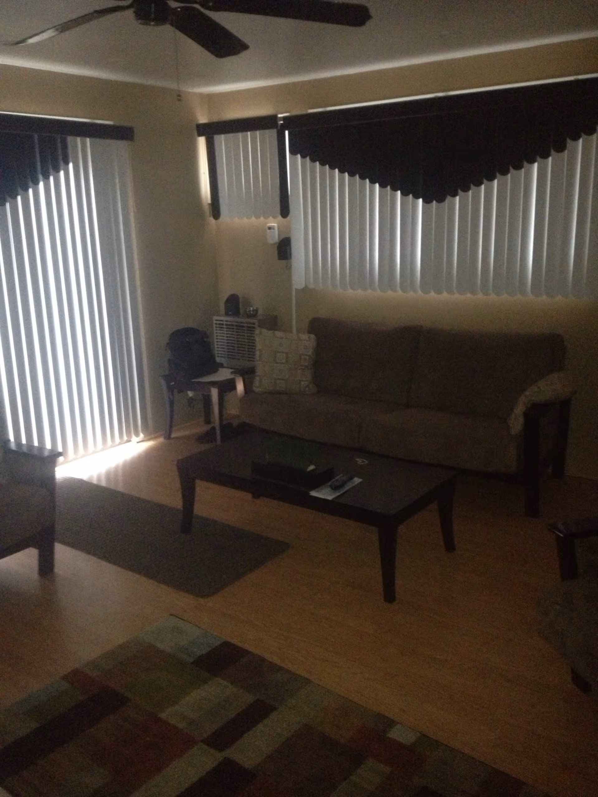 A dimly lit living room with a brown sofa, a wooden coffee table with a remote control and tissue box, a small side table with a chair, vertical blinds covering the windows, a ceiling fan, and a patterned area rug on a wooden floor.