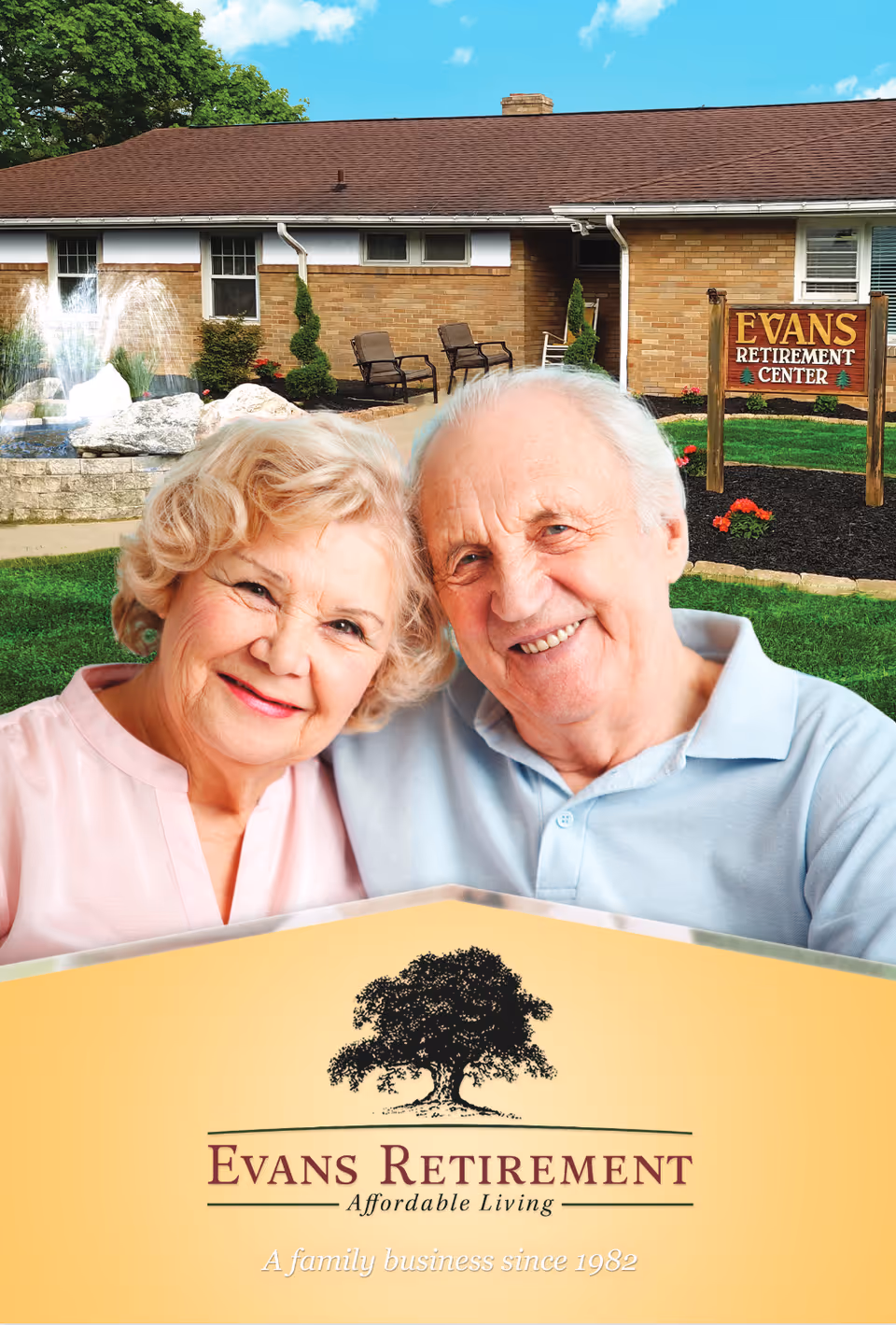 Smiling elderly couple posed in front of the Evans Retirement Center building and sign with the facility's logo at the bottom.