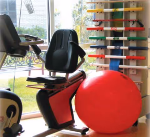 Interior gym corner with exercise bike, large red stability ball, and color-coded rack.