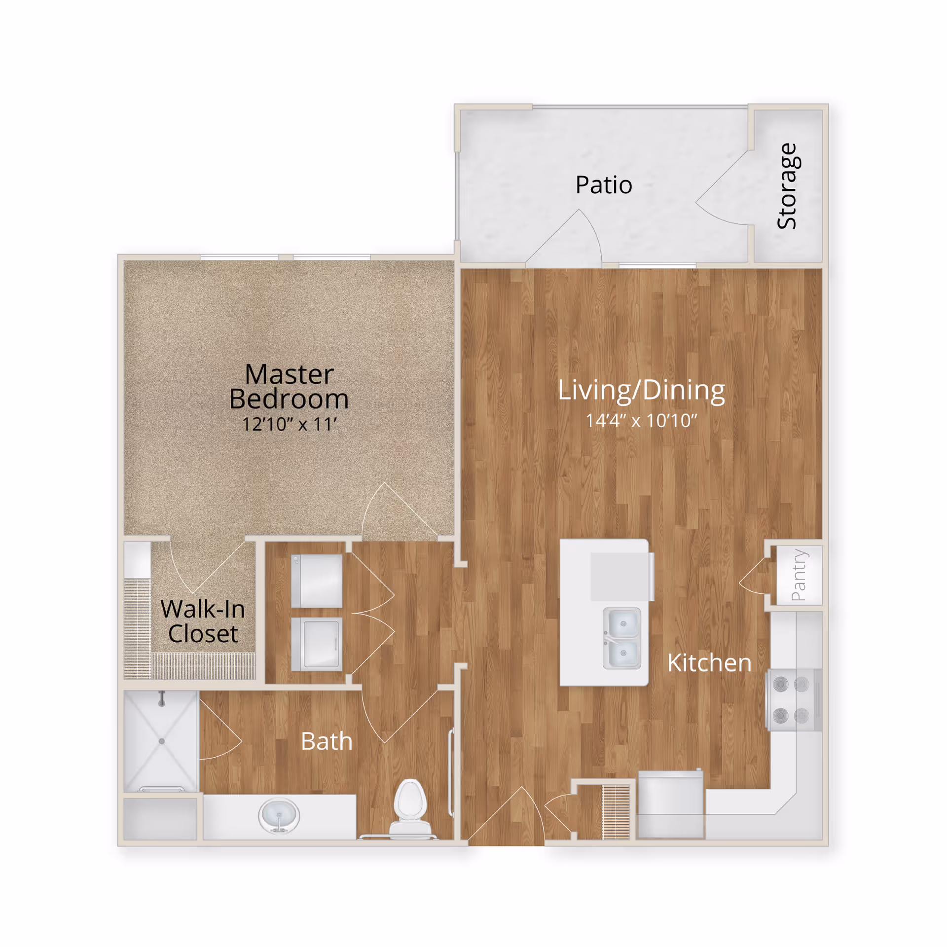 Floor plan of a senior living unit at Ledgestone Senior Living (IL) showing a master bedroom with walk-in closet, a bathroom, a combined living and dining area, a kitchen with pantry, a patio, and a storage area.