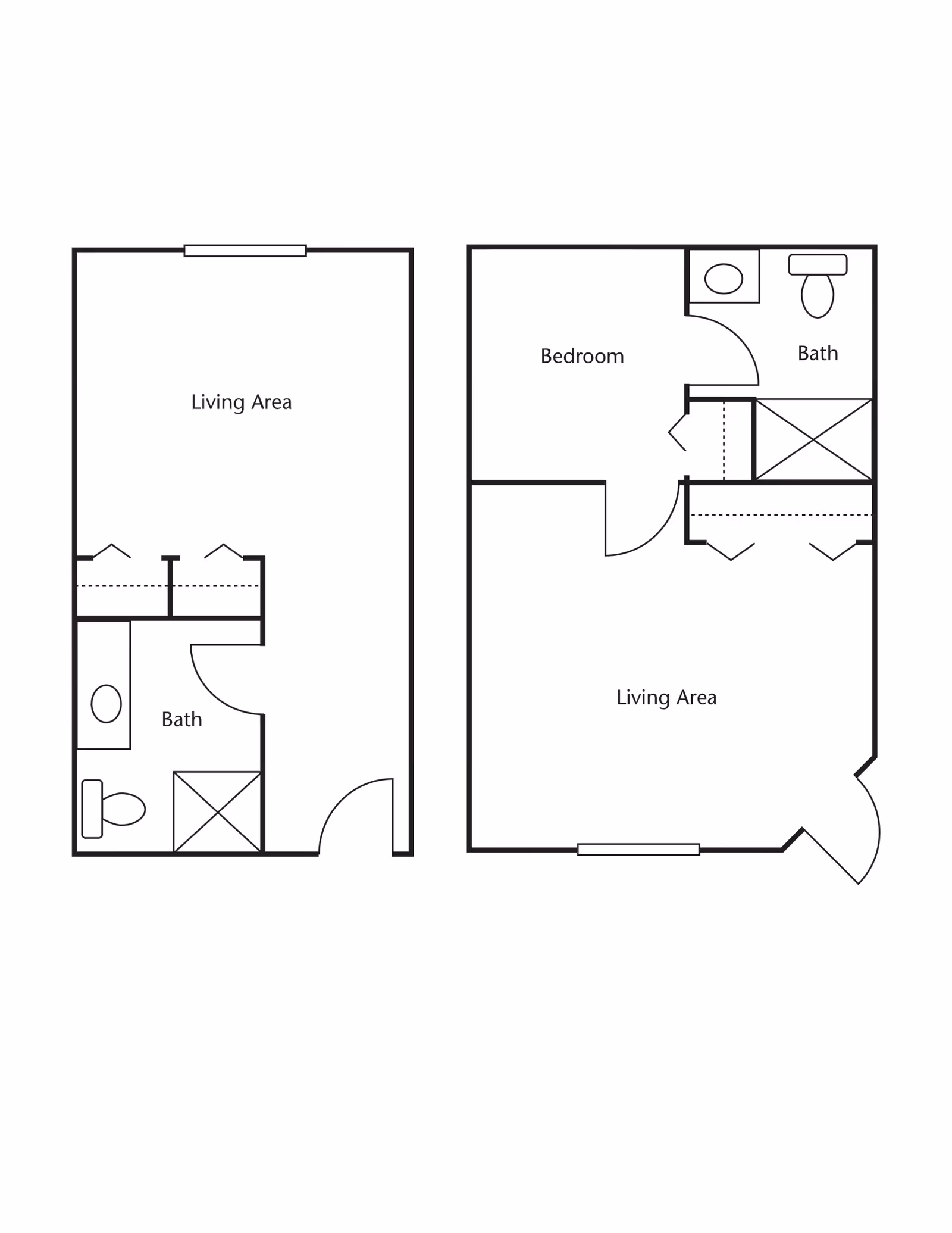 Architectural floor plan showing two layouts. The left layout includes a living area and a bathroom with a toilet, sink, and shower. The right layout includes a bedroom, living area, and a bathroom with a toilet, sink, and shower.