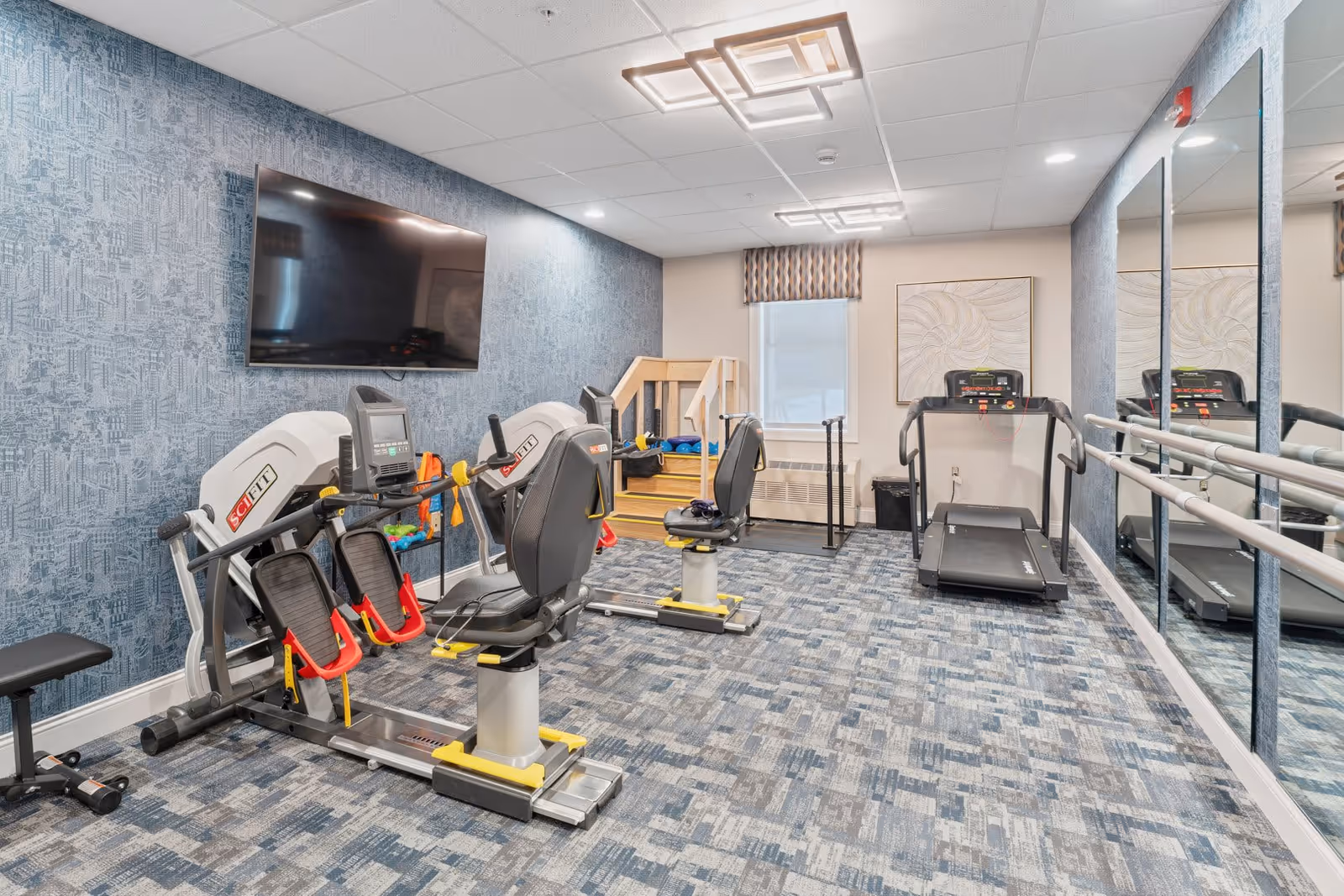 A fitness room with exercise equipment including two recumbent bikes, a treadmill, and a rowing machine. The room has a blue patterned carpet, a large wall-mounted TV, a mirrored wall with ballet bars, and a window with a patterned valance. There is also a small set of stairs and some exercise accessories in the background.