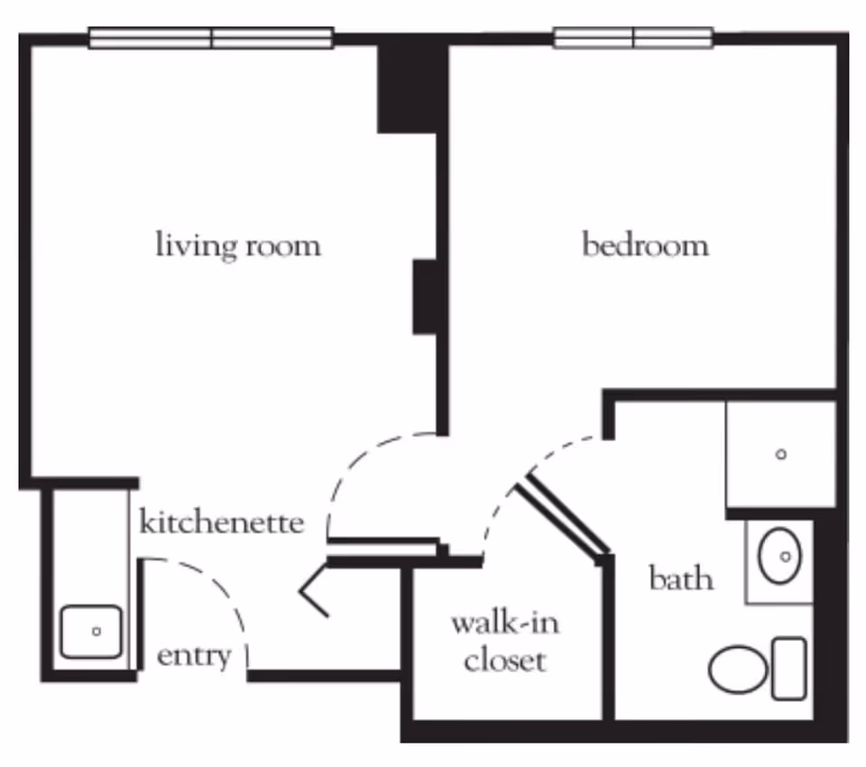 Floor plan of a living space showing a living room, bedroom, kitchenette, entry, walk-in closet, and bathroom.