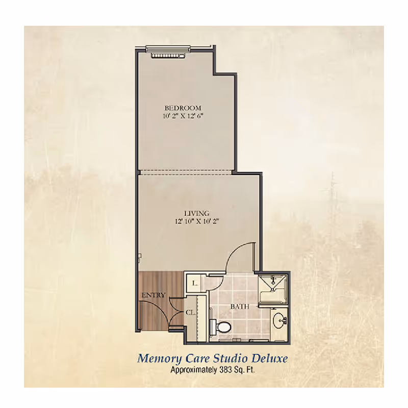 Floor plan of a Memory Care Studio Deluxe apartment showing a bedroom measuring 10 feet 2 inches by 12 feet 6 inches, a living area measuring 12 feet 10 inches by 10 feet 2 inches, an entry area, a closet, and a bathroom with a sink, toilet, and shower. The total area is approximately 383 square feet.