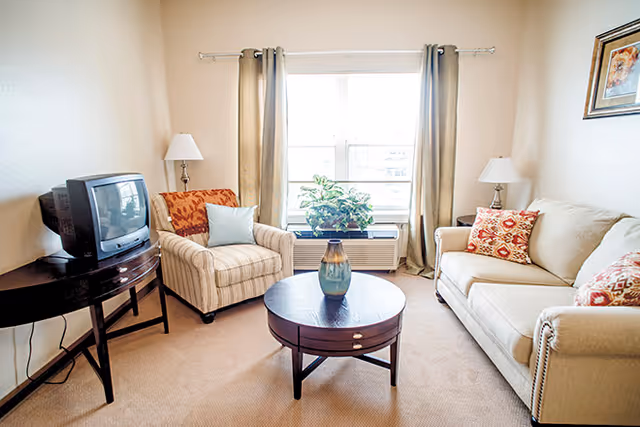 Bright living room with a beige sofa, striped armchair, round wooden coffee table topped with a vase, TV on a side table, and a window with curtains.