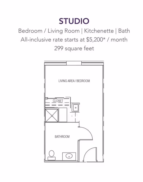 Floor plan of a studio apartment showing a combined living area and bedroom, a closet, a kitchenette, and a bathroom. The layout includes a door entrance, a bathroom with a toilet and sink, and a closet adjacent to the kitchenette area.
