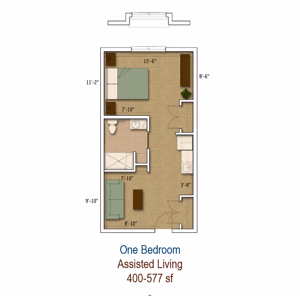 Top-down floor plan of a one-bedroom assisted living apartment showing a bedroom, bathroom, kitchen, living area and room dimensions.