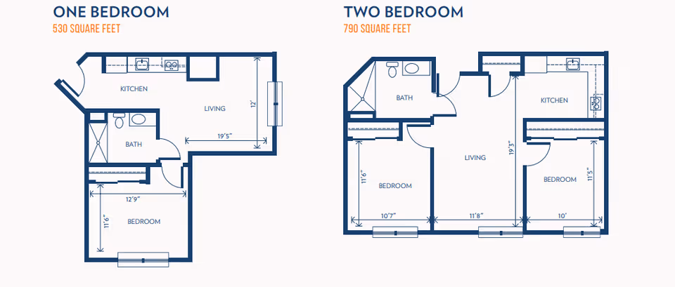 Architectural floor plans showing layouts for one-bedroom and two-bedroom apartments. The one-bedroom layout is 530 square feet with a kitchen, living area, bedroom, and bathroom. The two-bedroom layout is 790 square feet with a kitchen, living area, two bedrooms, and a bathroom.