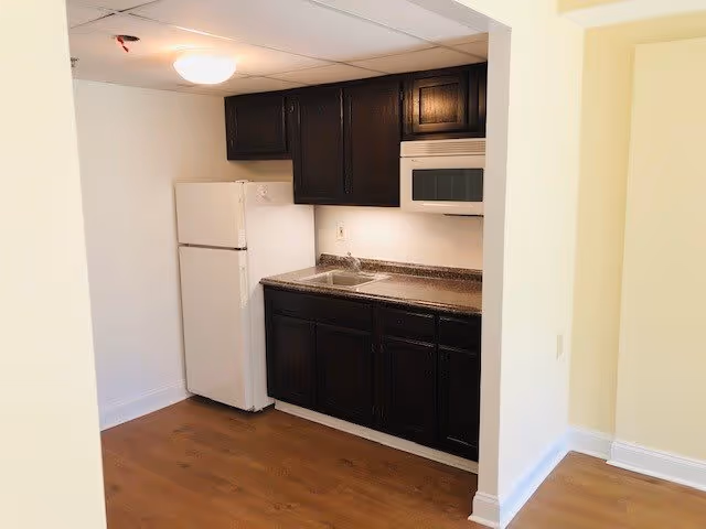 Small kitchen area with dark wooden cabinets, a white refrigerator, a white microwave, a sink, and a countertop. The floor is wooden and the walls are light-colored.