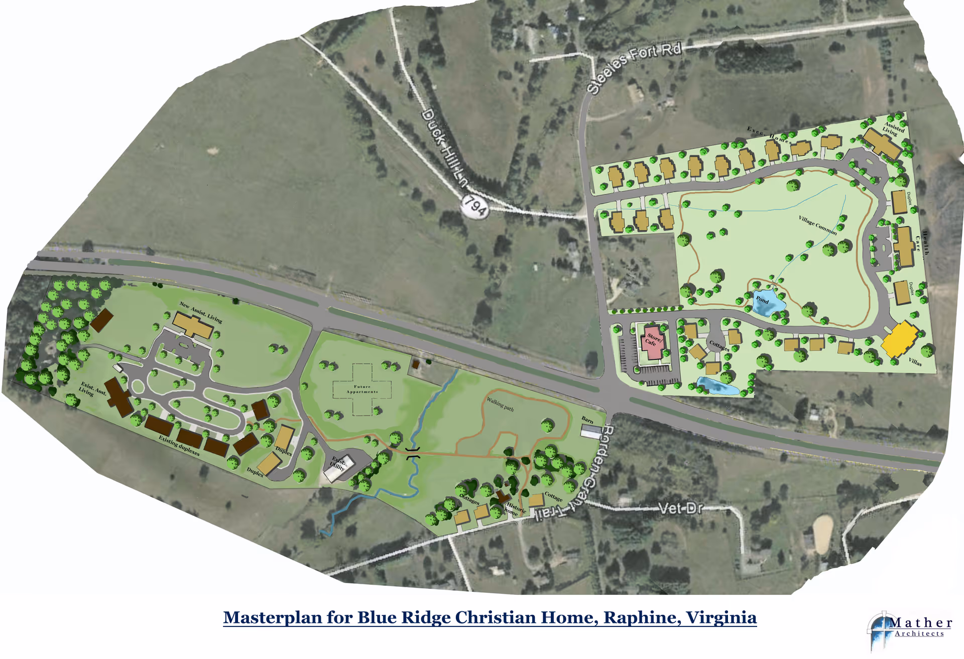 A detailed master plan map of Blue Ridge Christian Home in Raphine, Virginia, showing various buildings, roads, walking paths, green spaces, ponds, and labeled areas such as New Adult Living, Patio Apartments, Village Commons, and more, overlaid on an aerial view of the surrounding landscape.