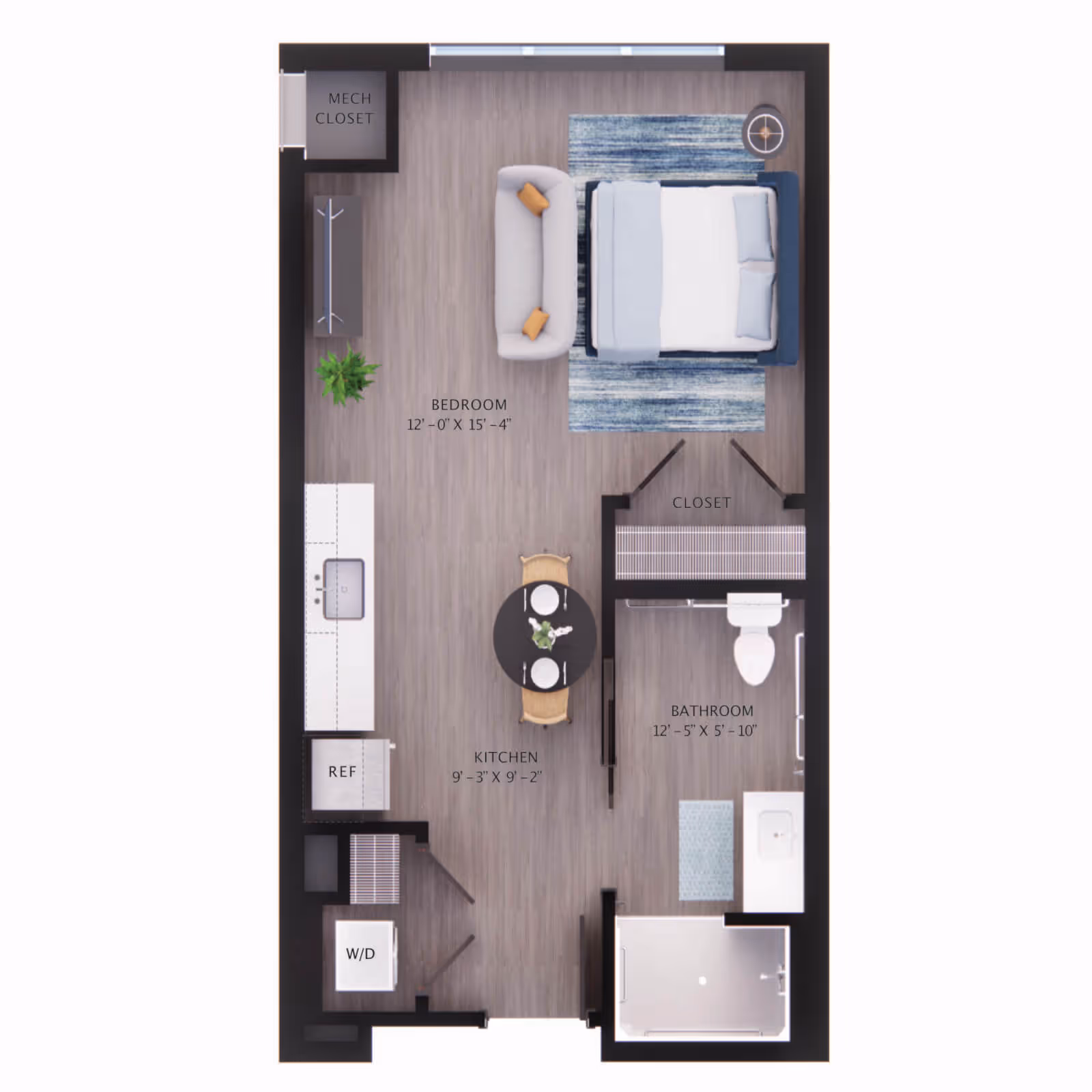 Floor plan of a senior living unit at The Gallery at Spokane Assisted & Senior Living, showing a bedroom with a bed and sofa, a kitchen with a dining table and chairs, a bathroom with a shower, toilet, and sink, a closet, a mechanical closet, a refrigerator, and a washer/dryer area.