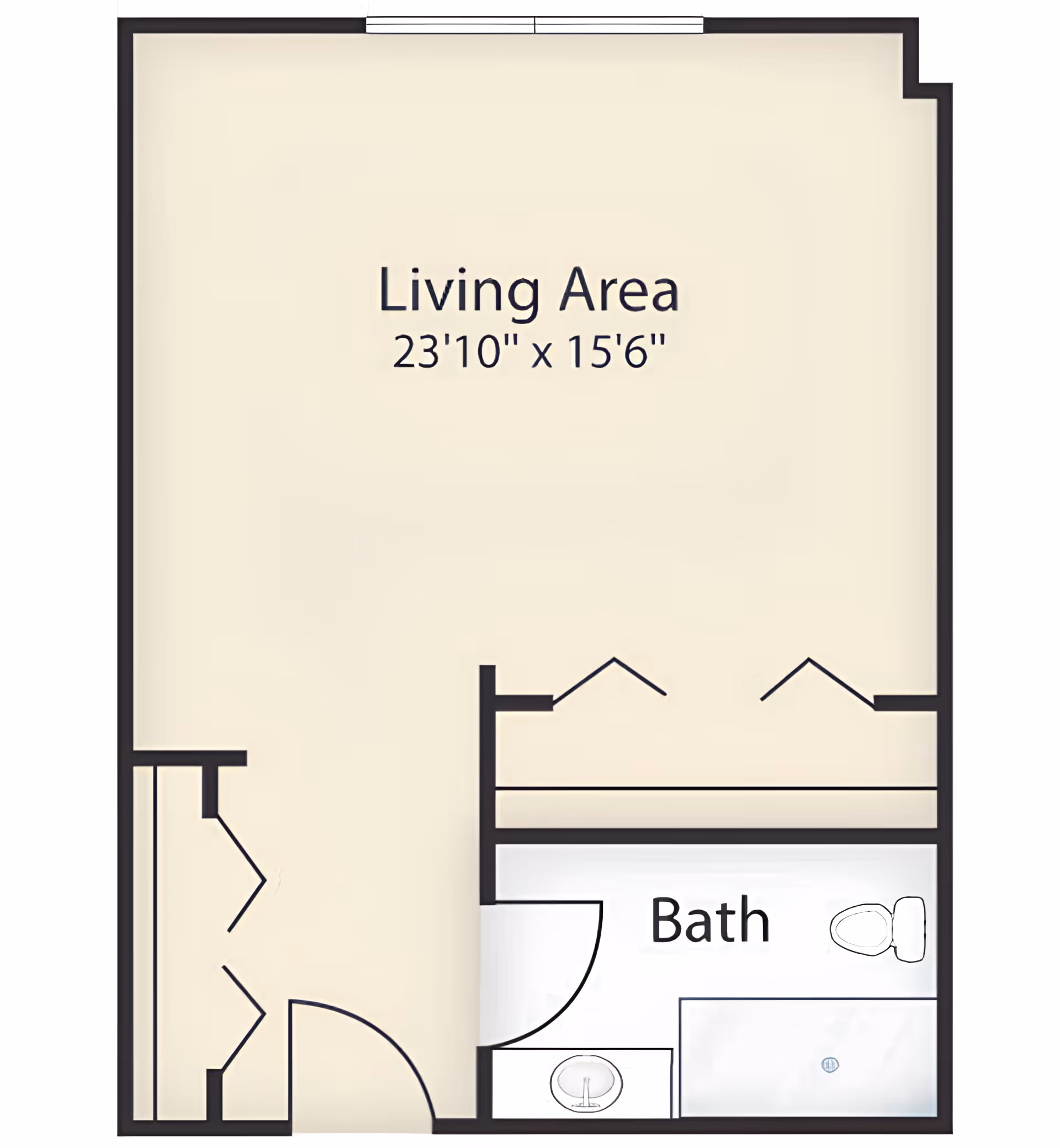 Studio floor plan showing a 23'10" x 15'6" living area and an adjoining bath with sink, tub, and toilet.