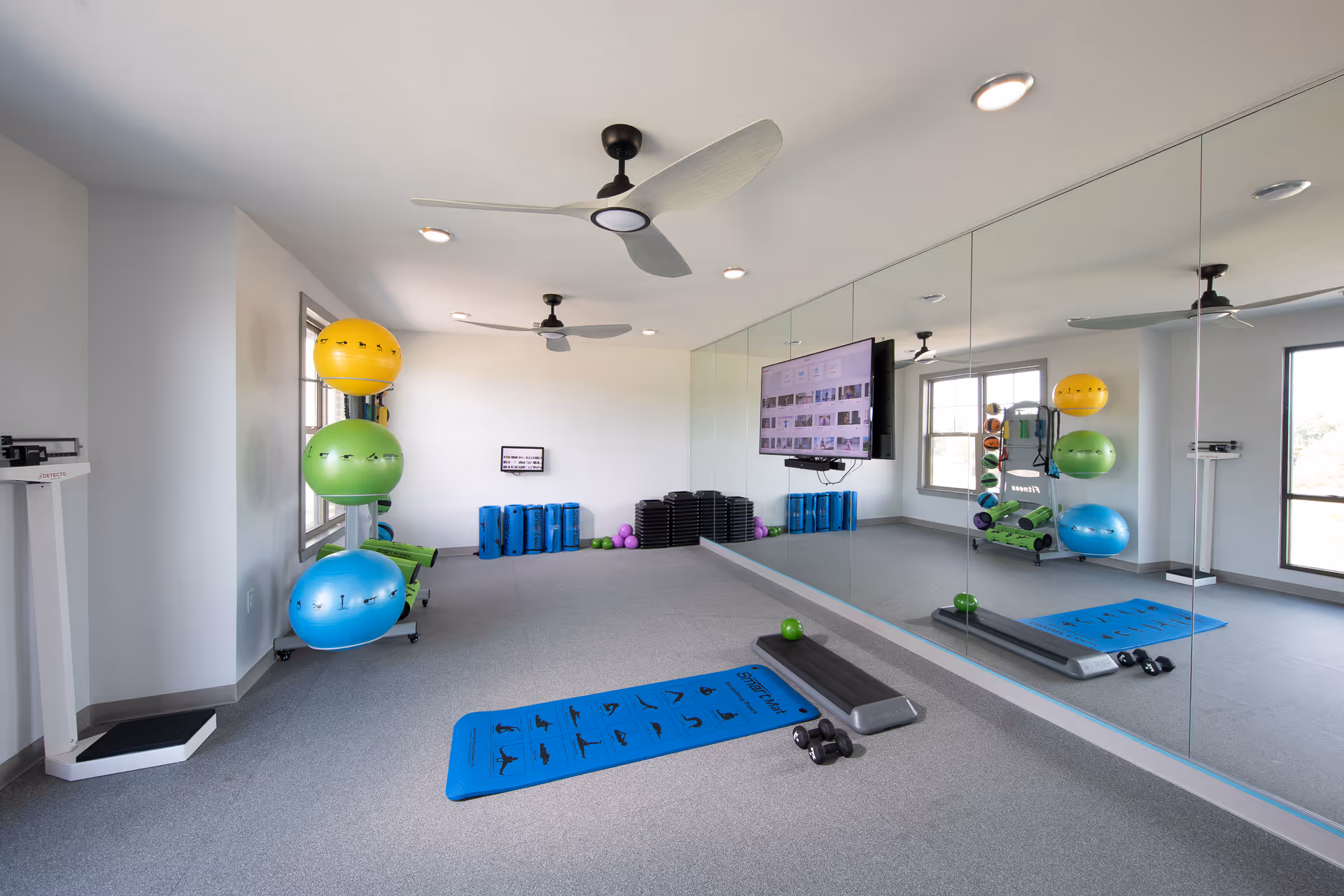Bright fitness room with mirrored wall, ceiling fans, exercise mats, dumbbells, stability balls and a wall-mounted TV.