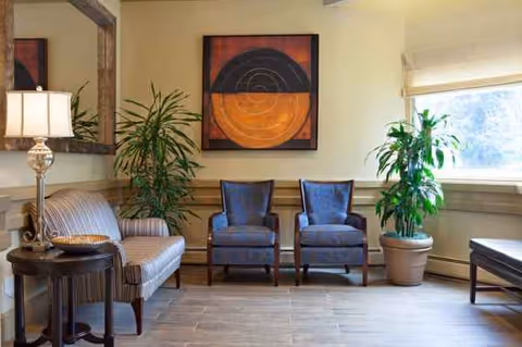 A cozy living room lounge with two blue chairs, plants, and abstract wall art.