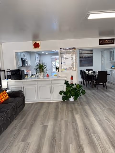 Interior view of a senior living facility showing a spacious room with light wood flooring. On the left, there is a dark gray couch with a colorful pillow. In the center, a white counter with cabinets underneath separates the living area from the kitchen. The kitchen has white cabinets and appliances. To the right, there is a dining area with a dark dining table and chairs. Several plants and wall decorations are visible, including a red apple decoration above the kitchen pass-through window.