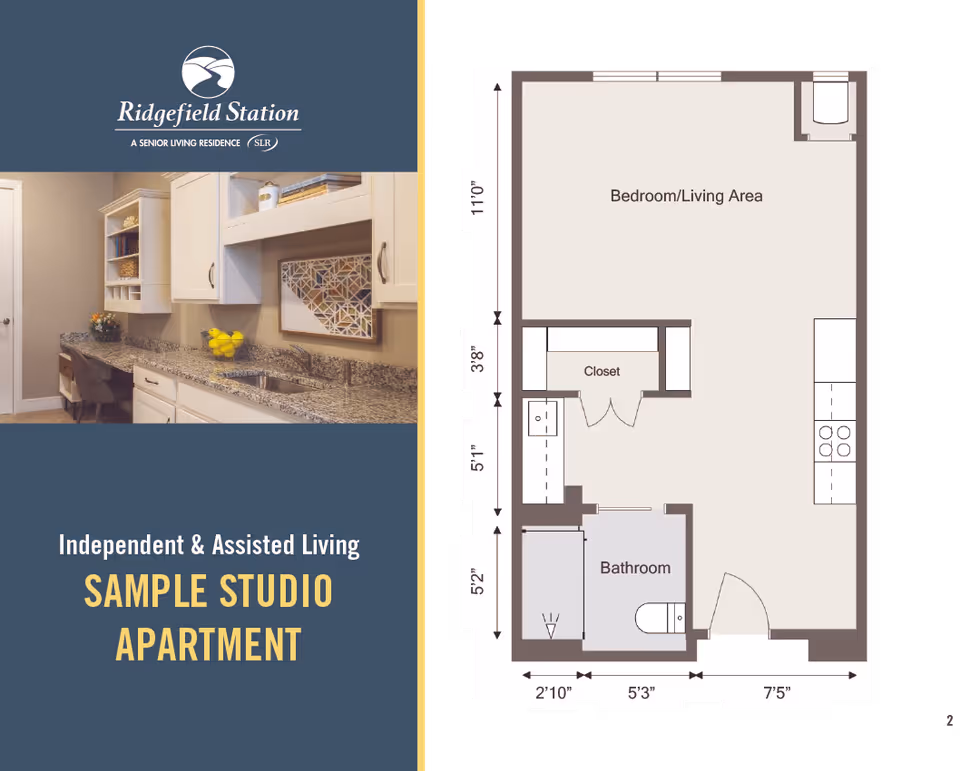 Floor plan of a sample studio apartment at Ridgefield Station Senior Living showing a combined bedroom and living area, a closet, a bathroom, and a kitchen area. The image also includes a photo of a kitchen countertop with cabinets and a sink, along with the Ridgefield Station logo and text indicating independent and assisted living options.