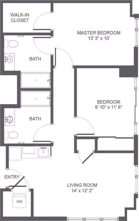 Architectural floor plan of a residential unit at Atria At Foster Square showing a master bedroom with walk-in closet, a second bedroom, two bathrooms, a living room, an entry area with washer/dryer, and kitchen sink area.
