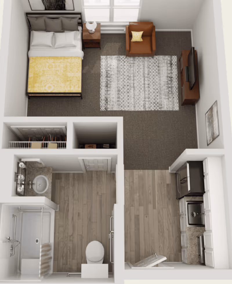 Top-down floor plan rendering of a studio apartment with a bed and seating area, kitchenette, and bathroom.