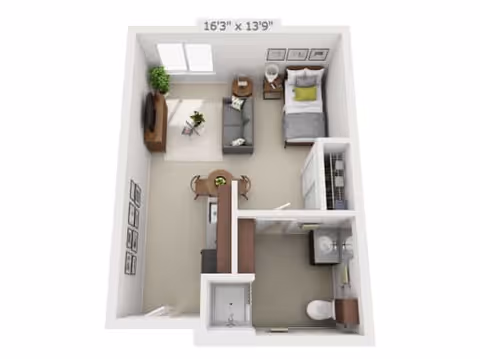 3D floor plan of a small studio apartment featuring a combined living and sleeping area with a bed, sofa, TV, and small dining table. The layout includes a kitchenette and a separate bathroom with a toilet, sink, and shower. Dimensions are labeled as 16'3" by 13'9".