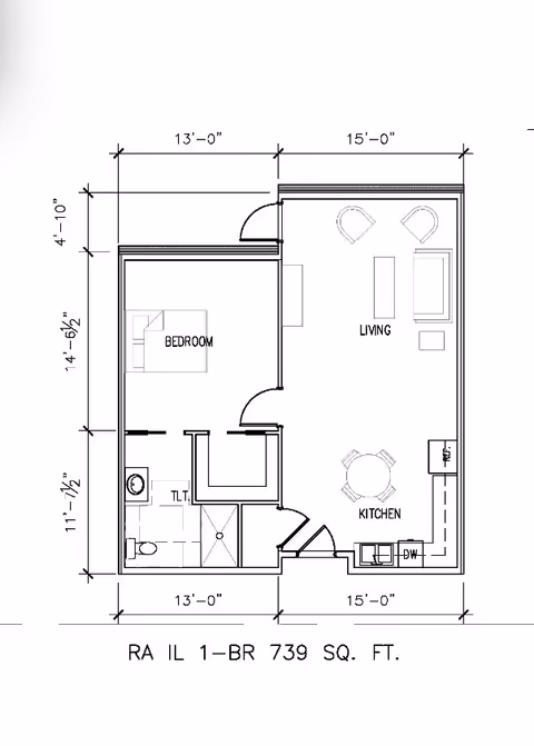 Black-and-white floor plan drawing of a one-bedroom, one-bath 739 sq ft apartment with labeled living room, kitchen, bedroom and bathroom.