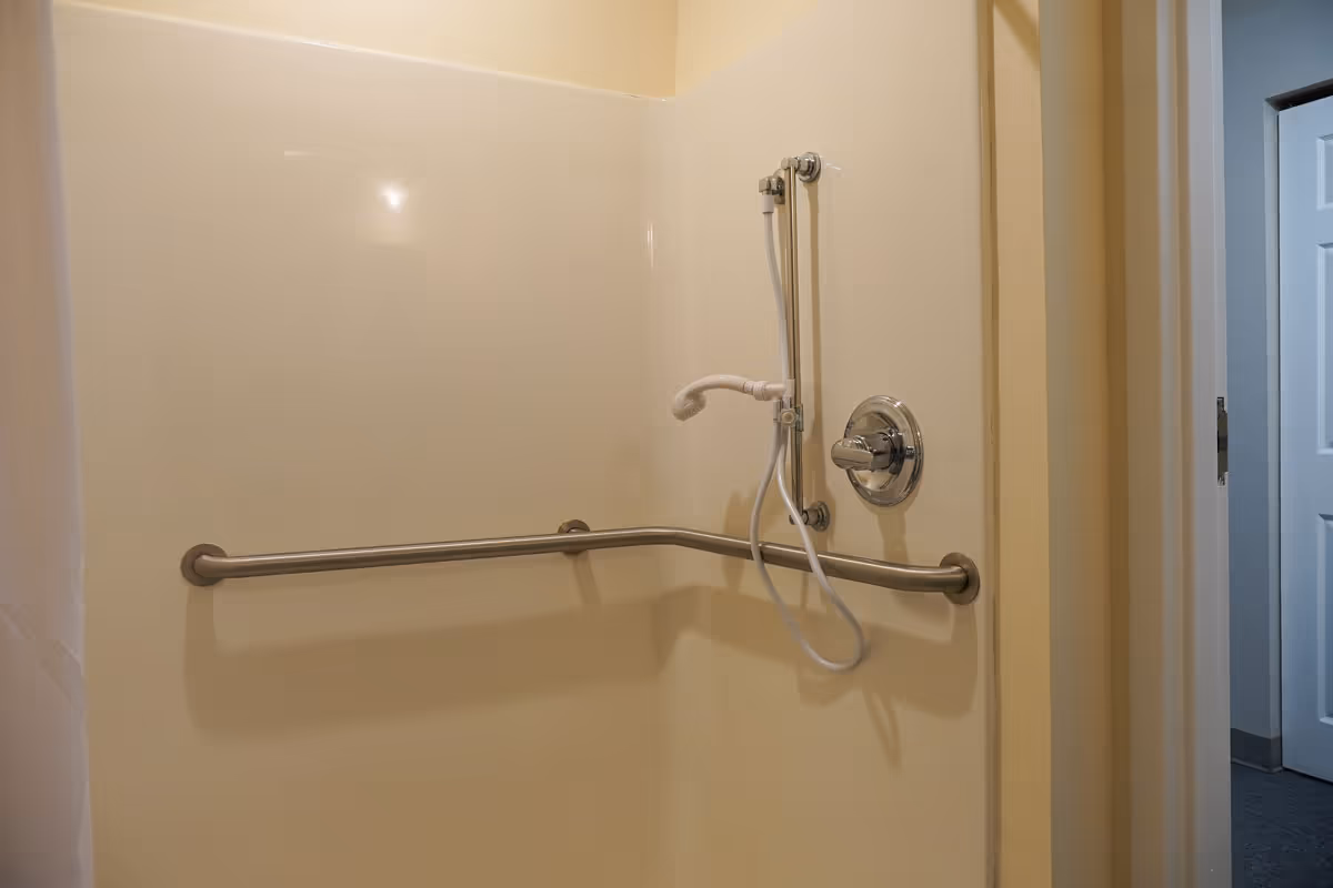 A beige shower stall with a handheld showerhead attached to a vertical sliding bar and a horizontal grab bar for support. The shower control handle is mounted on the wall, and a white shower curtain is partially visible on the left side. The shower is located next to a doorway with a white door slightly open, revealing a carpeted floor outside.