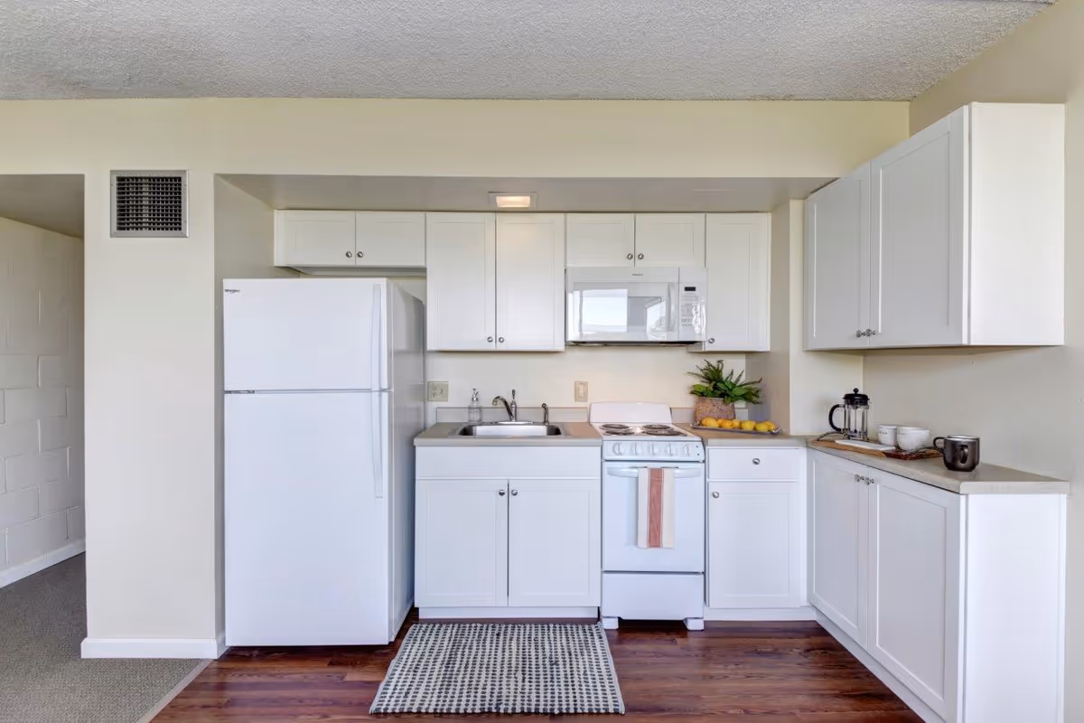 A compact kitchen with white cabinets, a white refrigerator, a white stove with an oven, and a white microwave above the stove. There is a small sink with a faucet, a countertop with a plant and lemons, and a coffee press with mugs on the right side. The floor is wooden with a small patterned rug in front of the sink and stove.