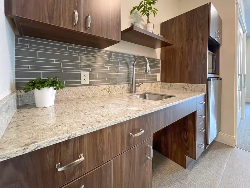 Modern kitchenette with a marble countertop, stainless steel sink, dark wood cabinets, a small potted plant on the counter, and a microwave and mini fridge built into the cabinetry.